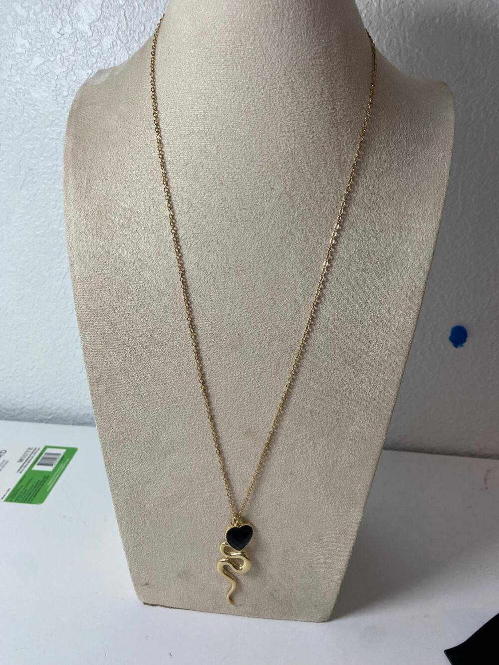 Snake and Heart Charm Long Gold Tone Necklace